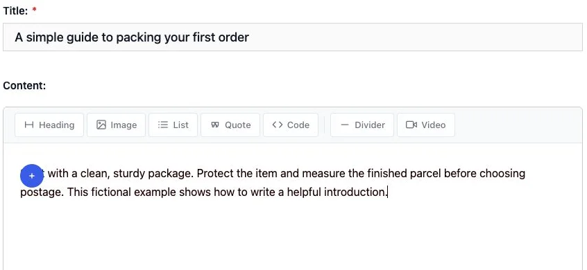 Blog editor with a fictional packing guide title, sample introductory paragraph, and content-block toolbar.