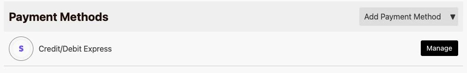 Payment Methods showing Add Payment Method and the Manage button beside Credit/Debit Express.