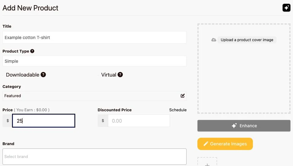 Add New Product showing a fictional cotton T-shirt, Simple product type, price of 25, and the cover-image upload area.