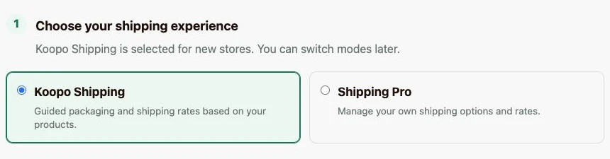 Koopo Shipping and Shipping Pro choices, with the guided Koopo Shipping option selected.
