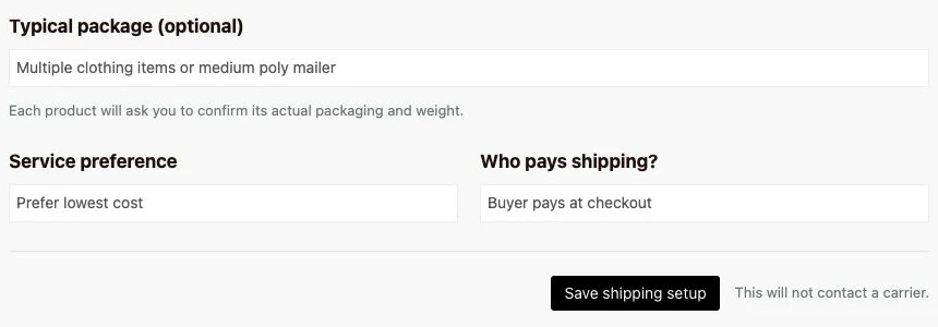Typical package, Service preference, Who pays shipping, and Save shipping setup controls.