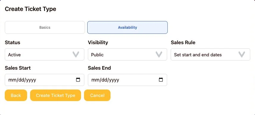 Ticket Availability with Status Active, Visibility Public, and Sales Start and Sales End fields revealed by Set start and end dates.